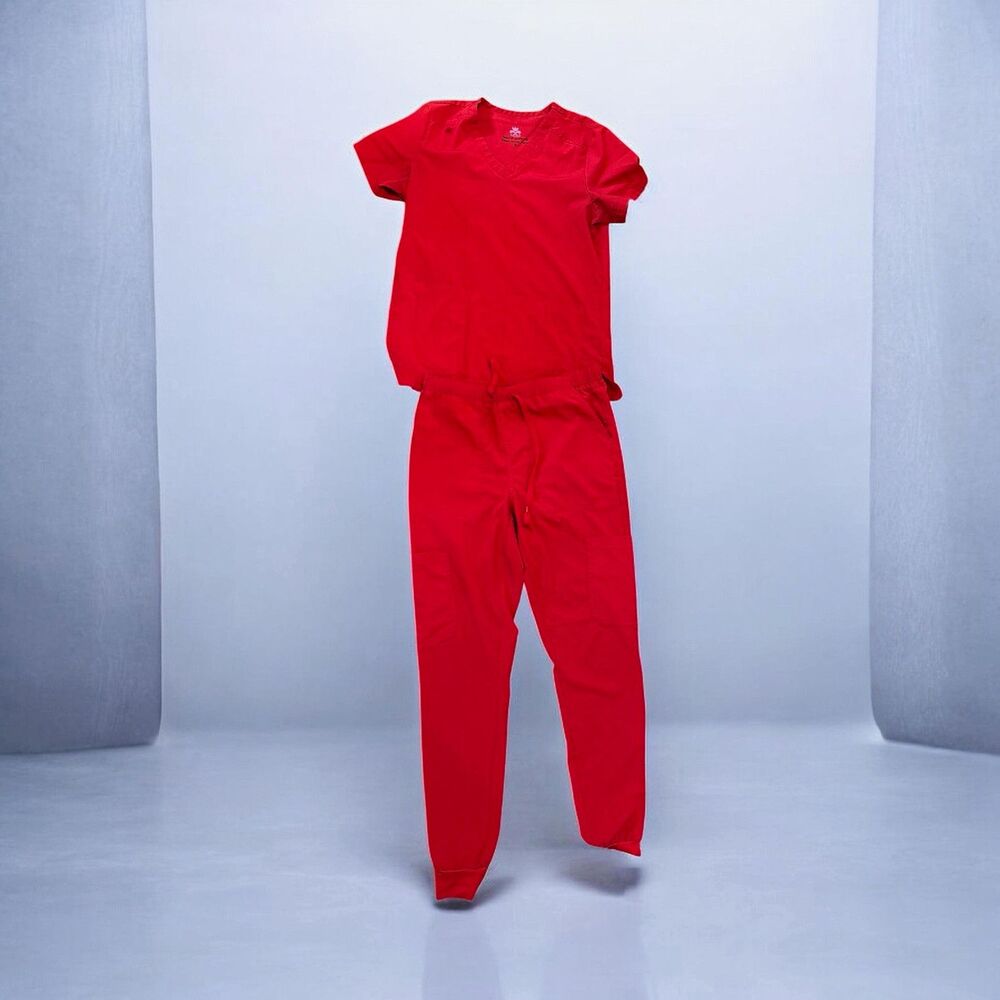 Unisex Medical Scrub Set Top & Pants Size M Red Solid